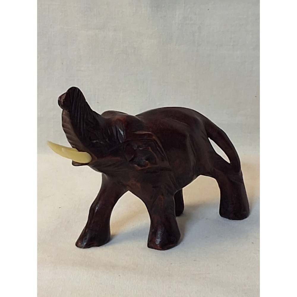 Vintage Hand-Carved Wooden Elephant Figurine Rustic Teak Wood GVC